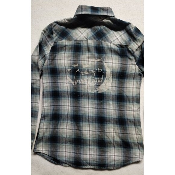 Disney "Take Me To Neverland" Plaid‎ Flannel Shirt S Black/White/Blue - Picture 5 of 11